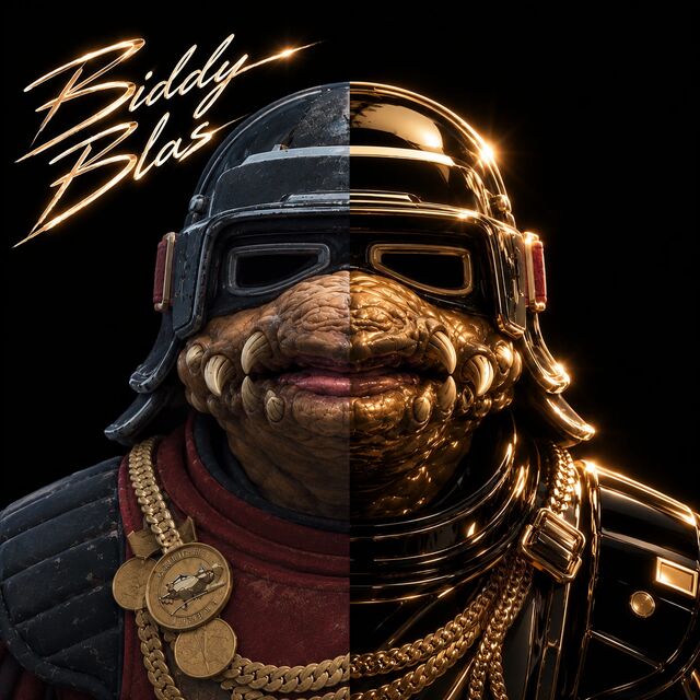 Biddy Blas head-on, the left half in his worn racing gear, the right half rendered in glossy black and gold, with his name in glowing script.