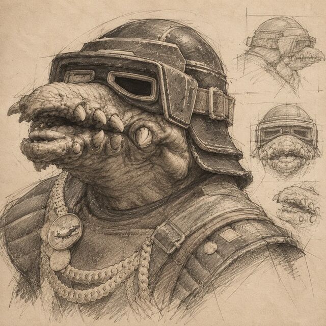 A pencil character study of Biddy Blas in helmet and goggles, with three smaller sketches of his head and jaw.