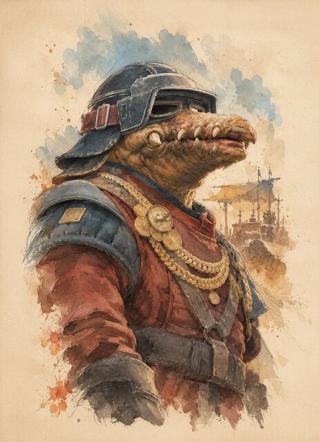 A watercolor of Biddy Blas in profile in his red racing suit and gold chains, a harbor behind him.